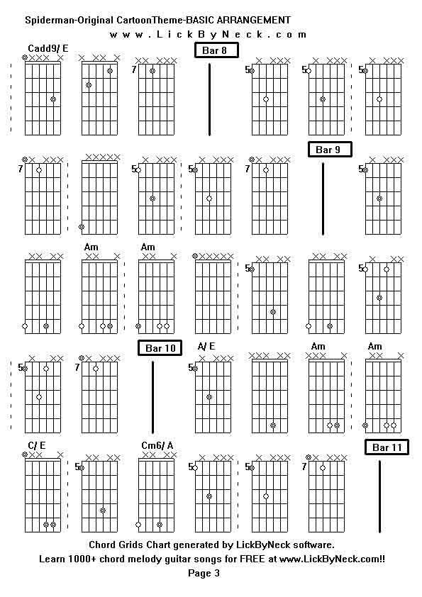 Chord Grids Chart of chord melody fingerstyle guitar song-Spiderman-Original CartoonTheme-BASIC ARRANGEMENT,generated by LickByNeck software.